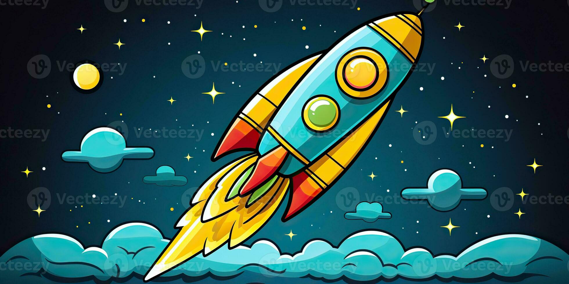 AI Generated. AI Generative. Cartoon rocket go fly up launch. Space galaxy adventure travel. Graphic Art photo