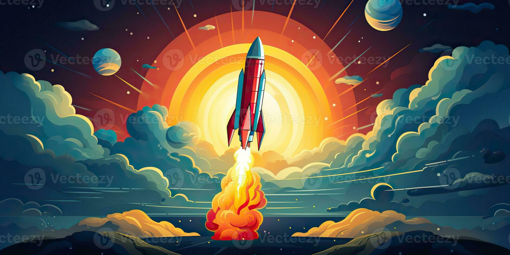 AI Generated. AI Generative. Cartoon rocket go fly up launch. Space galaxy adventure travel. Graphic Art photo