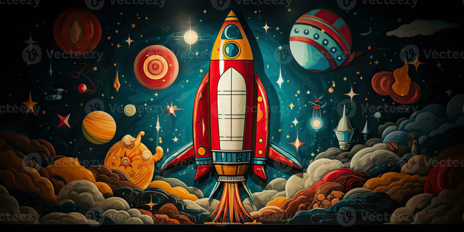 AI Generated. AI Generative. Cartoon rocket go fly up launch. Space galaxy adventure travel. Graphic Art photo