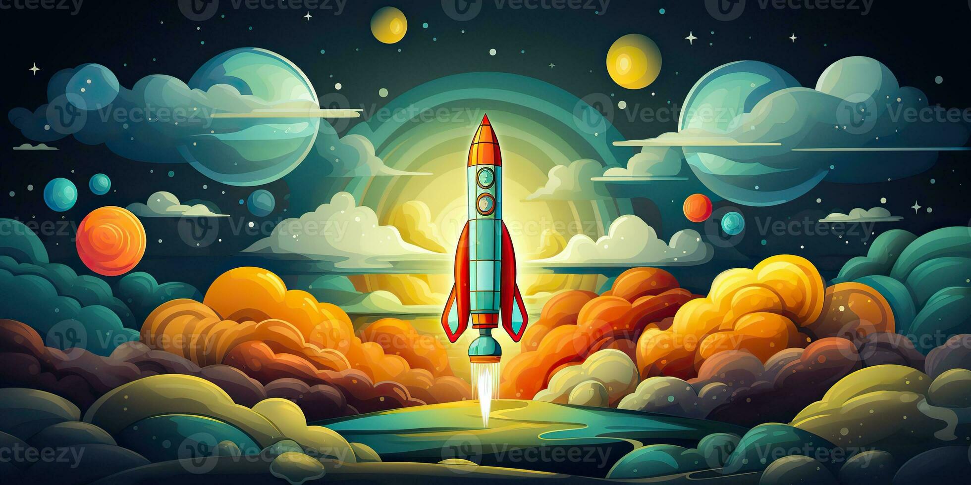 AI Generated. AI Generative. Cartoon rocket go fly up launch. Space galaxy adventure travel. Graphic Art photo