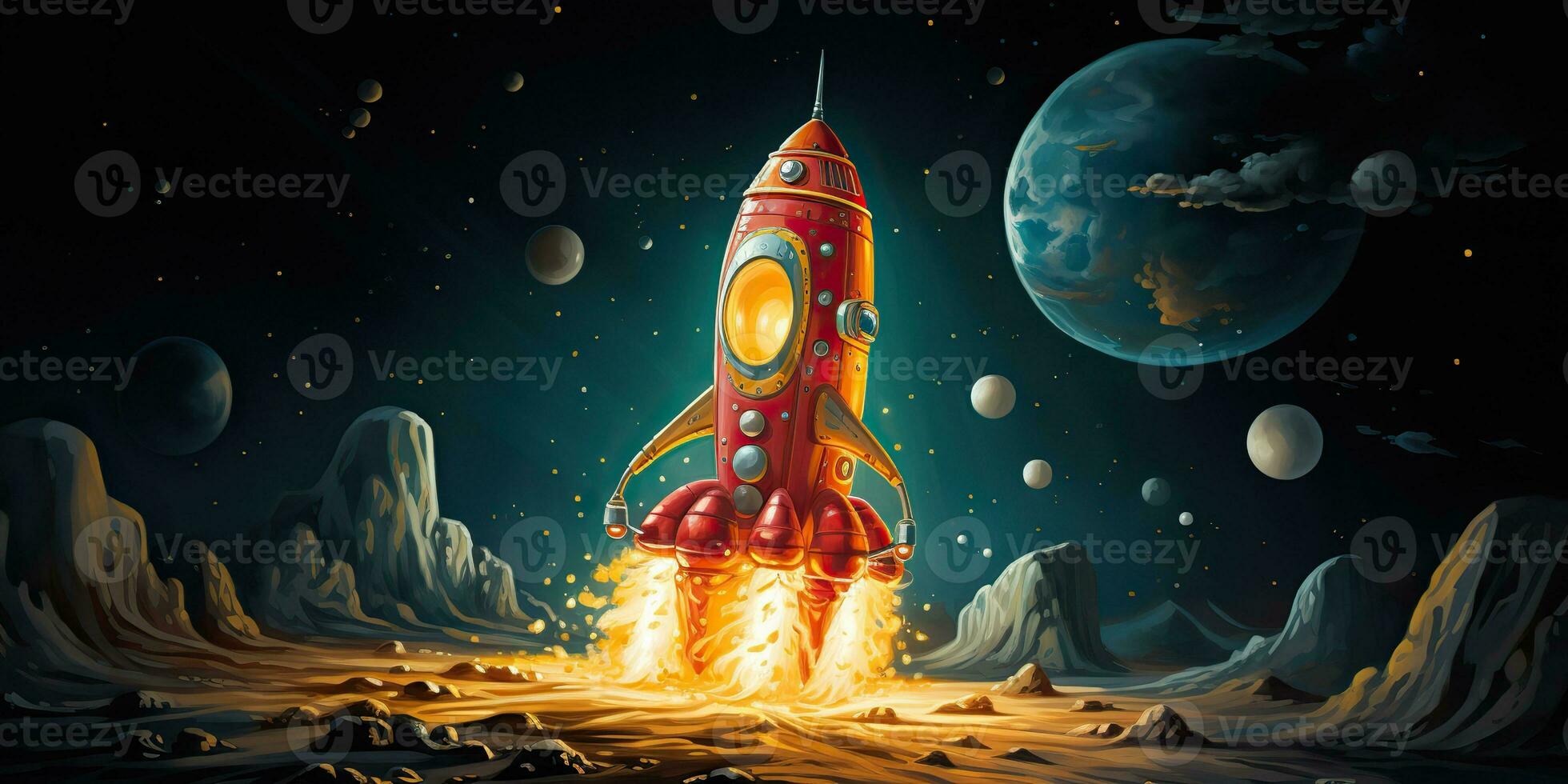 AI Generated. AI Generative. Cartoon rocket go fly up launch. Space galaxy adventure travel. Graphic Art photo