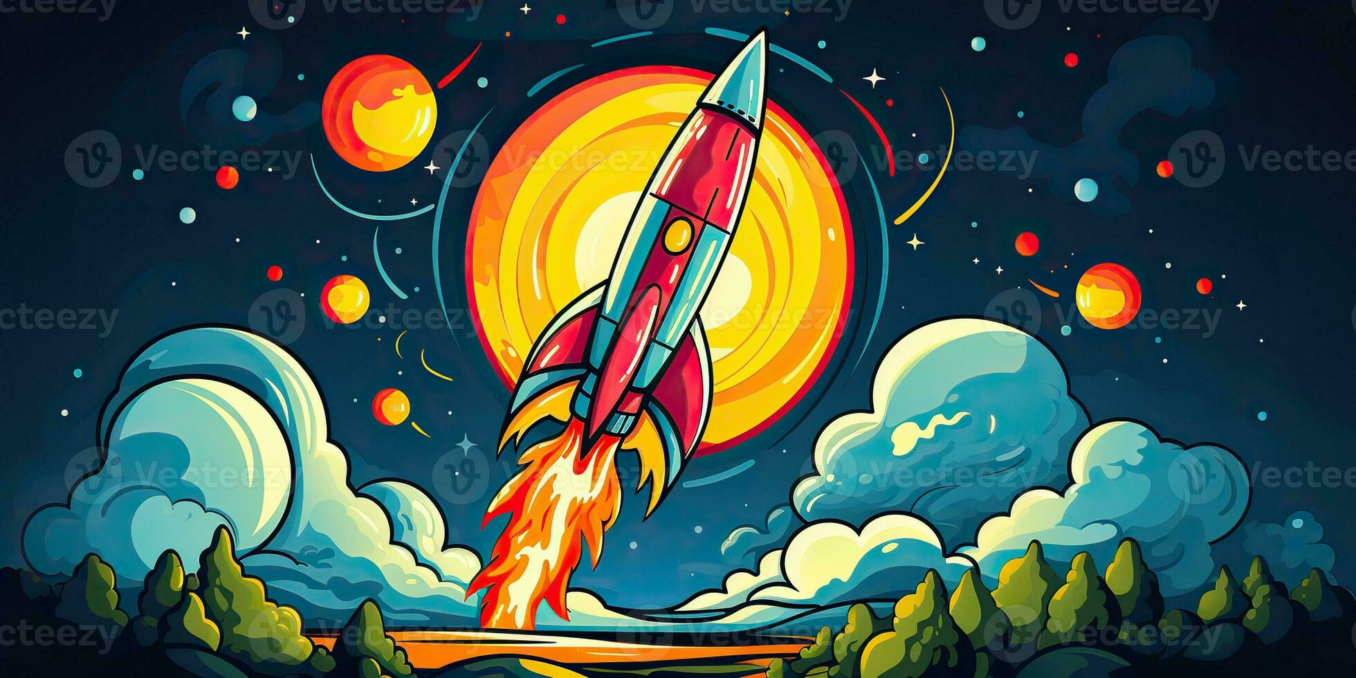 AI Generated. AI Generative. Cartoon rocket go fly up launch. Space galaxy adventure travel. Graphic Art photo