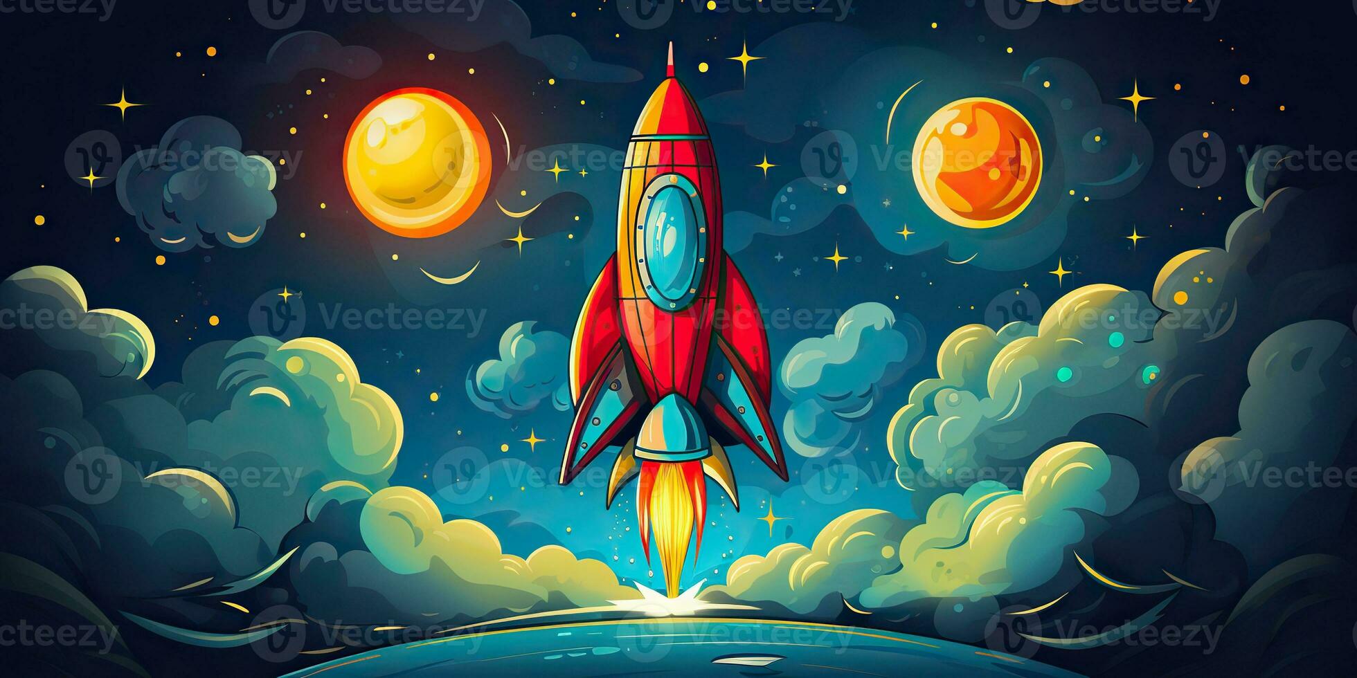 AI Generated. AI Generative. Cartoon rocket go fly up launch. Space galaxy adventure travel. Graphic Art photo