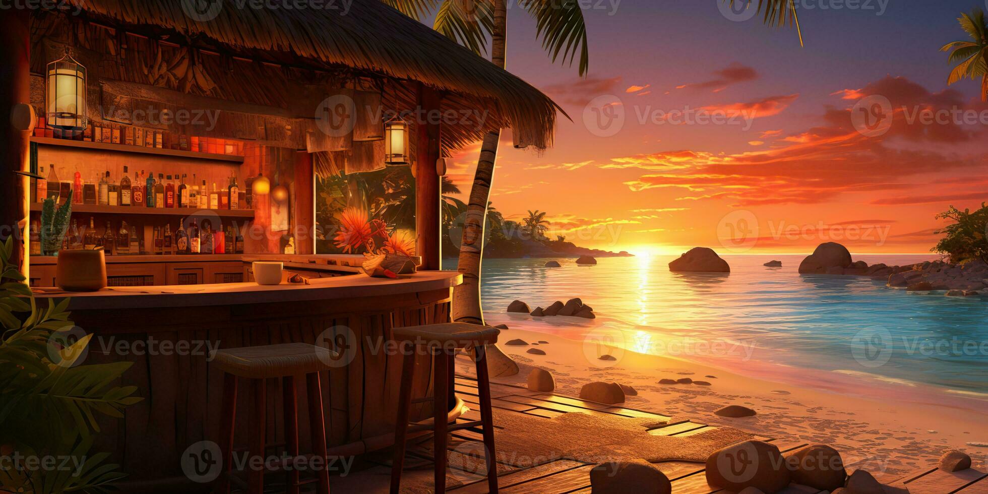 AI Generated. AI Generative. Vacation beach island sand sea ocean bar pub at sunset. Night party fun relaxing vibe. Graphic Art photo
