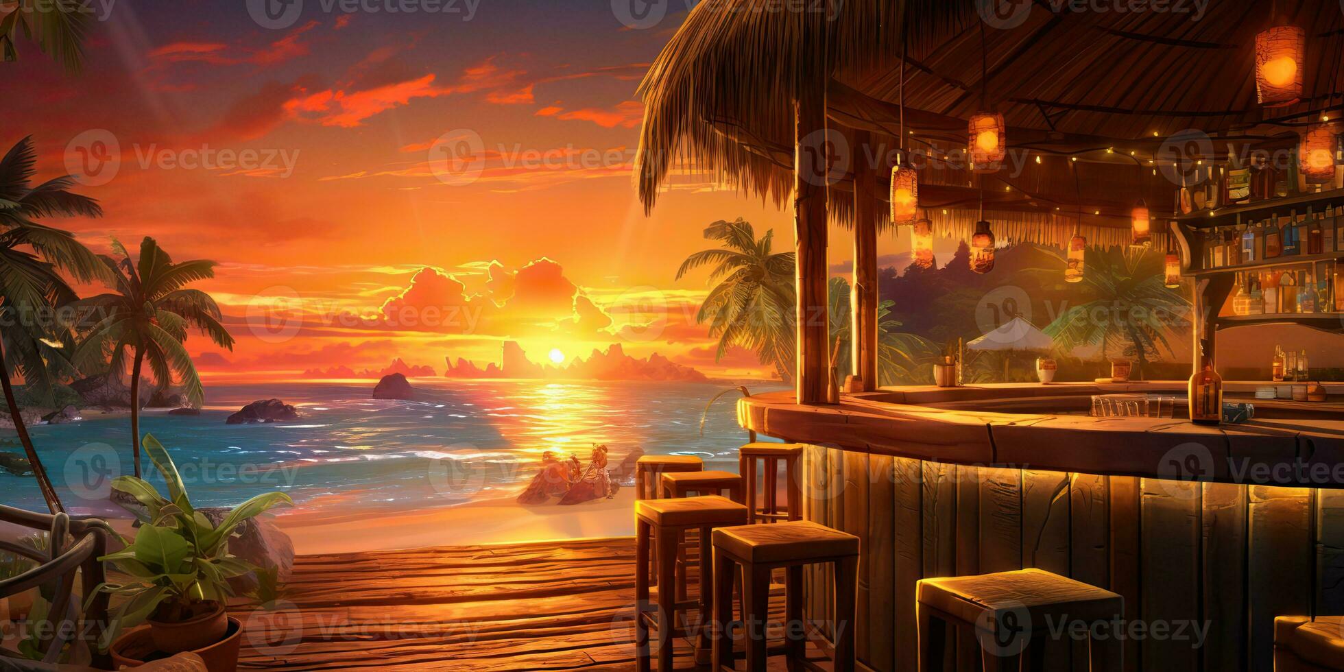 AI Generated. AI Generative. Vacation beach island sand sea ocean bar pub at sunset. Night party fun relaxing vibe. Graphic Art photo