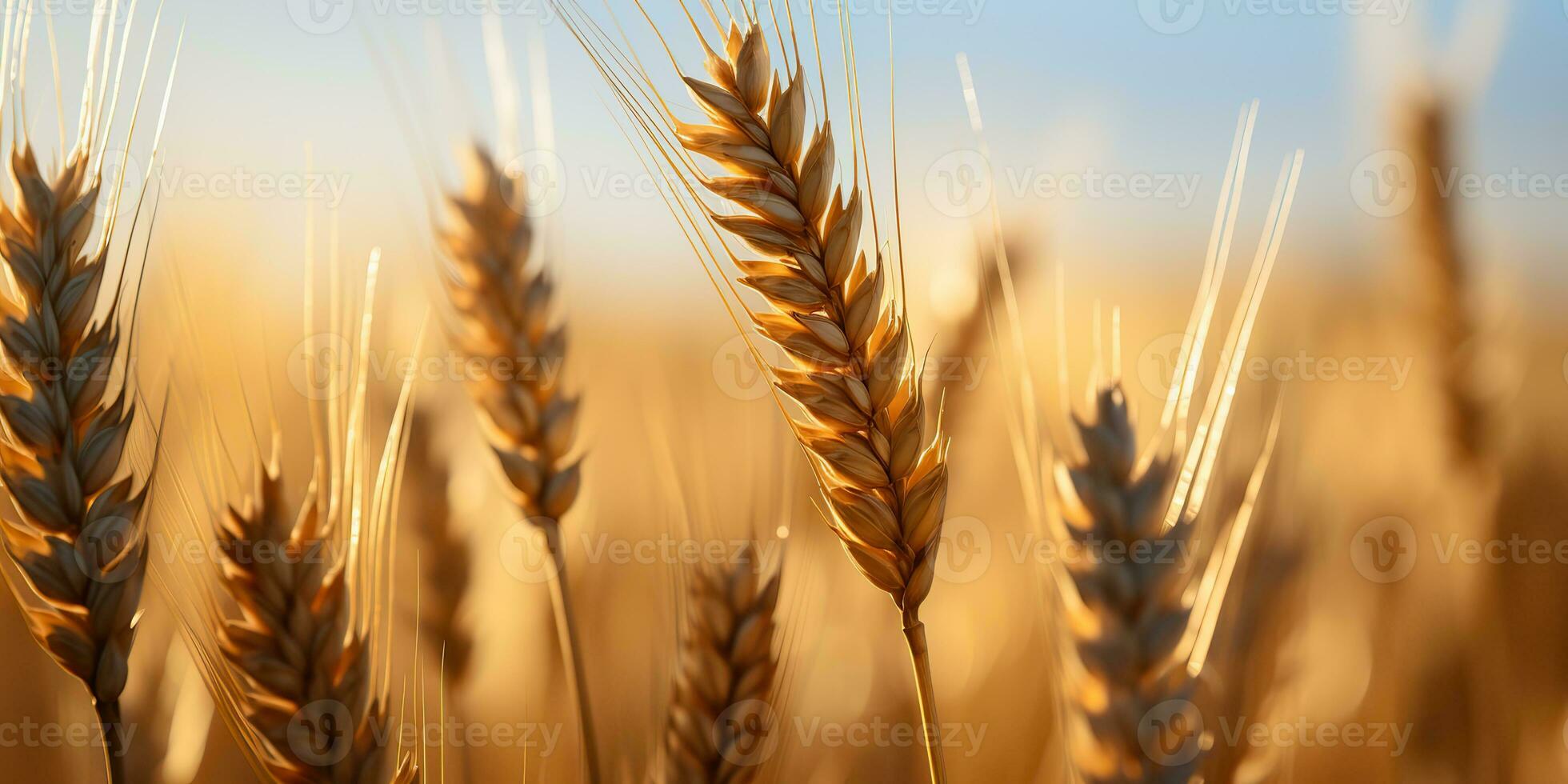 AI Generated. AI Generative. Golden wheat field sunny day. Outdoor nature countryside harvest landscape. Graphic Art photo