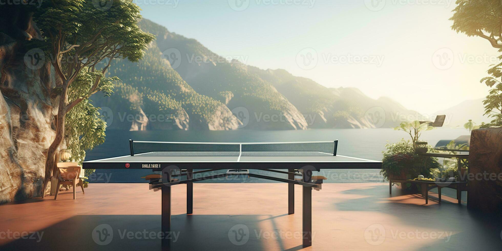 AI Generated. AI Generative. Outdoor nature table tennis ping pong game sport at sunet. Graphic Art photo