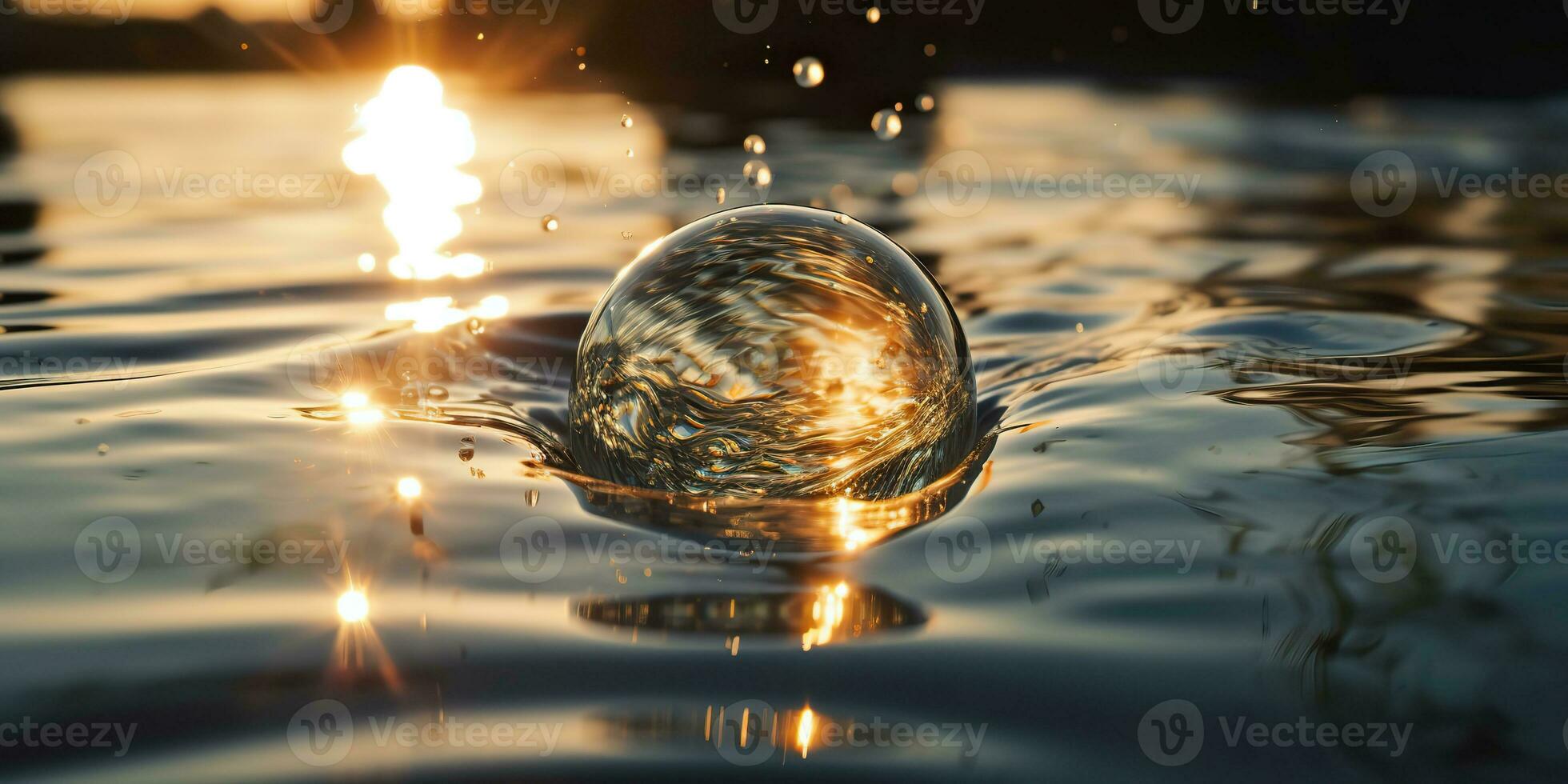 AI Generated. AI Generative. Glass ball fall into the water with many splash around. Graphic decoration background. Graphic Art photo