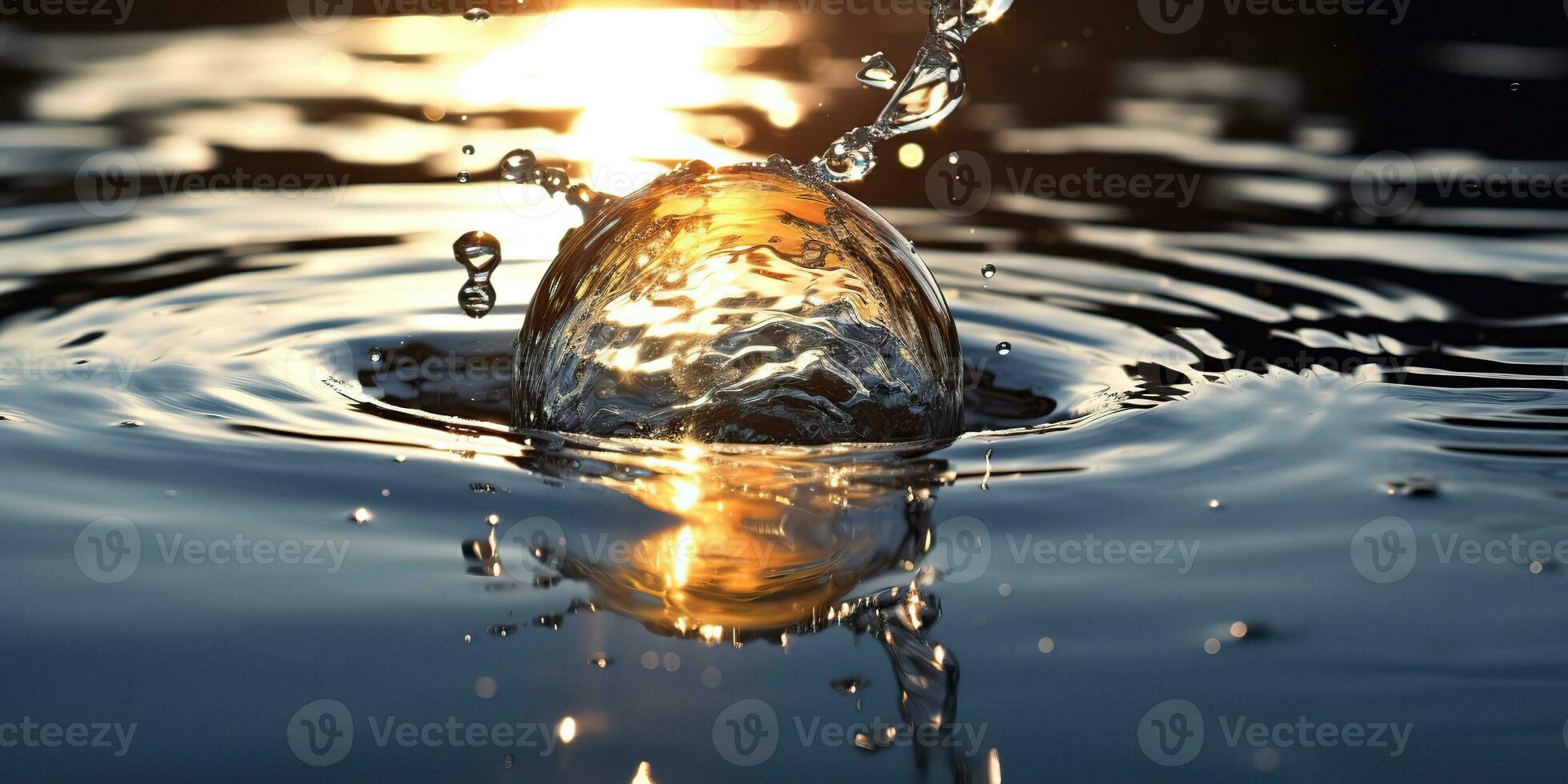 AI Generated. AI Generative. Glass ball fall into the water with many splash around. Graphic decoration background. Graphic Art photo