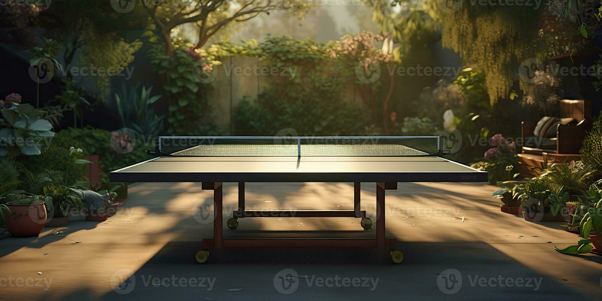 AI Generated. AI Generative. Outdoor nature table tennis ping pong game sport at sunet. Graphic Art photo