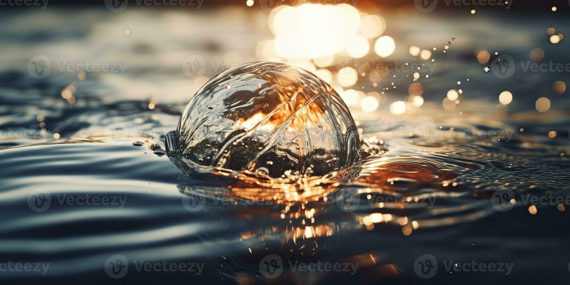 AI Generated. AI Generative. Glass ball fall into the water with many splash around. Graphic decoration background. Graphic Art photo