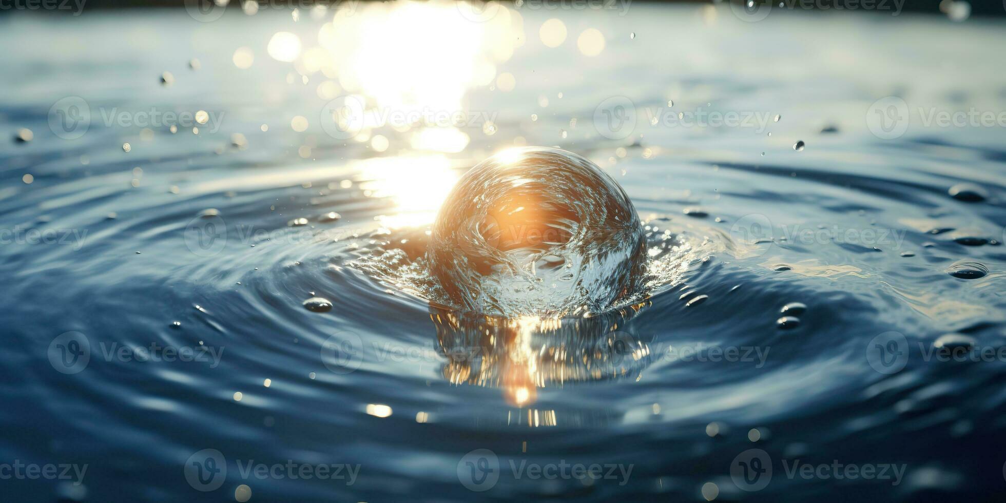 AI Generated. AI Generative. Glass ball fall into the water with many splash around. Graphic decoration background. Graphic Art photo