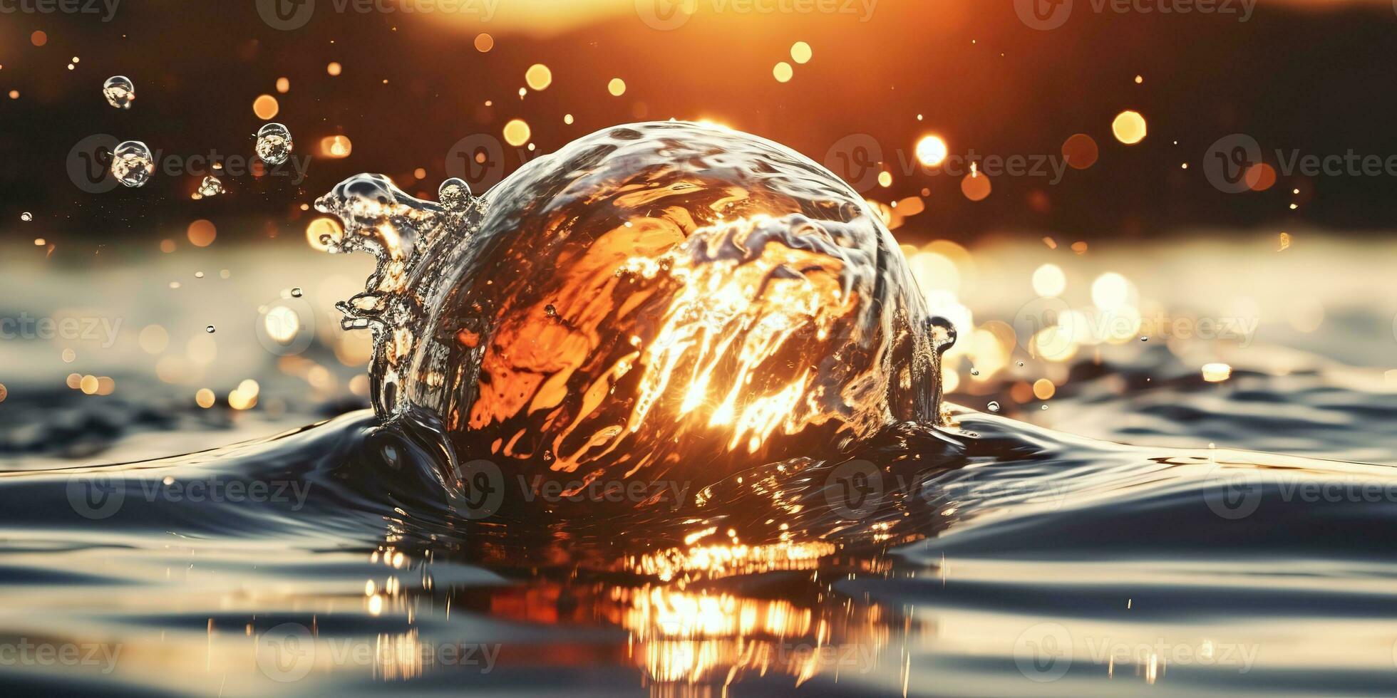 AI Generated. AI Generative. Glass ball fall into the water with many splash around. Graphic decoration background. Graphic Art photo