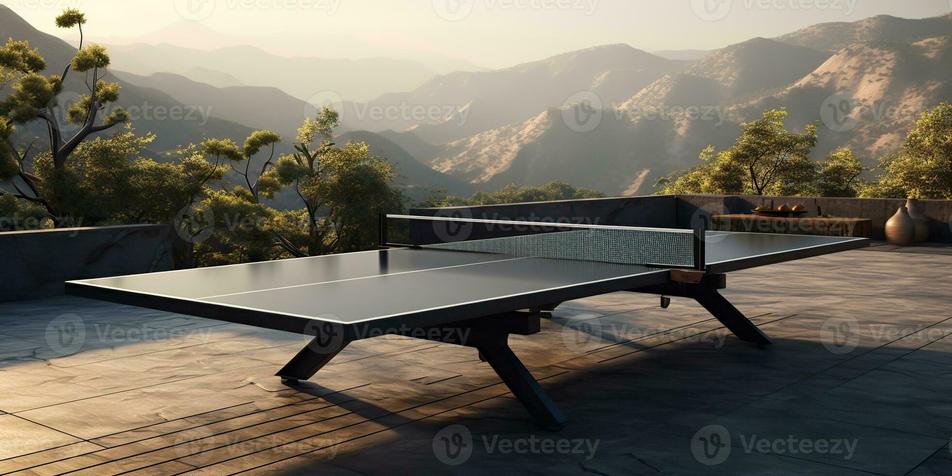 AI Generated. AI Generative. Outdoor nature table tennis ping pong game sport at sunet. Graphic Art photo