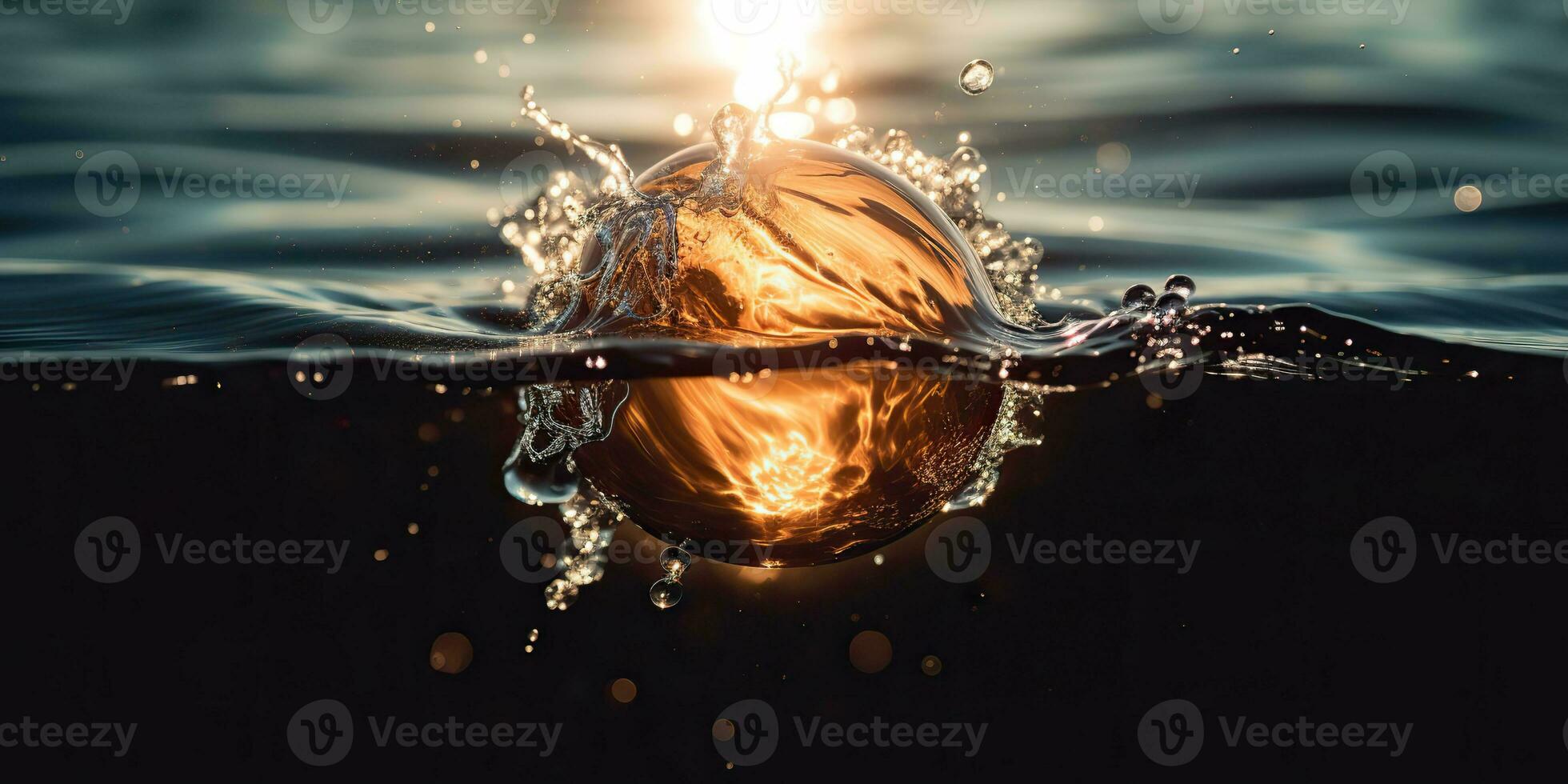 AI Generated. AI Generative. Glass ball fall into the water with many splash around. Graphic decoration background. Graphic Art photo