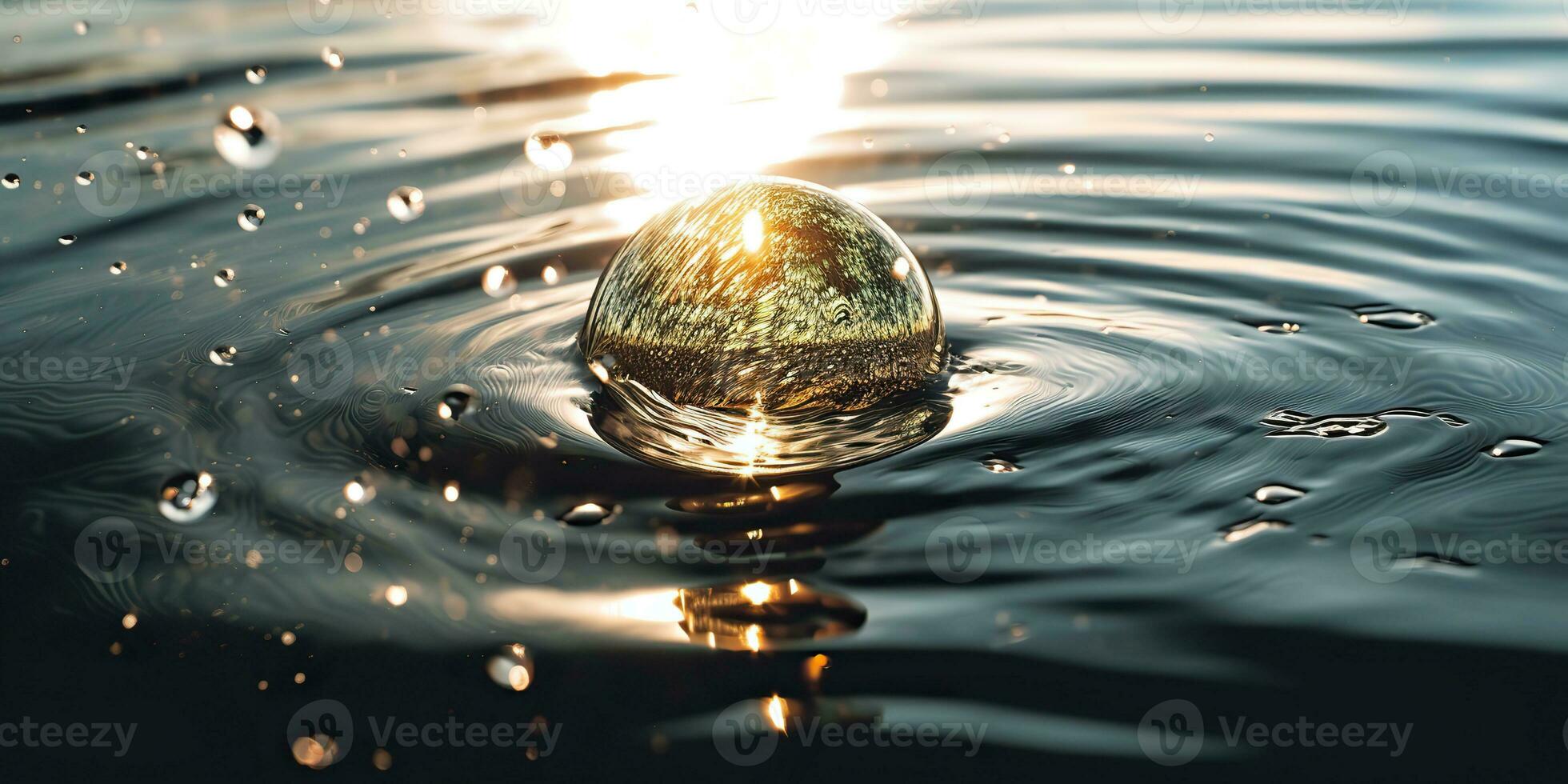 AI Generated. AI Generative. Glass ball fall into the water with many splash around. Graphic decoration background. Graphic Art photo