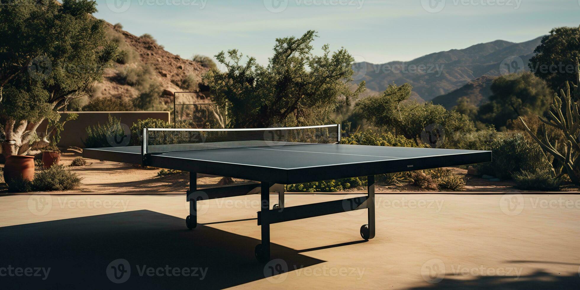 AI Generated. AI Generative. Outdoor nature table tennis ping pong game sport at sunet. Graphic Art photo