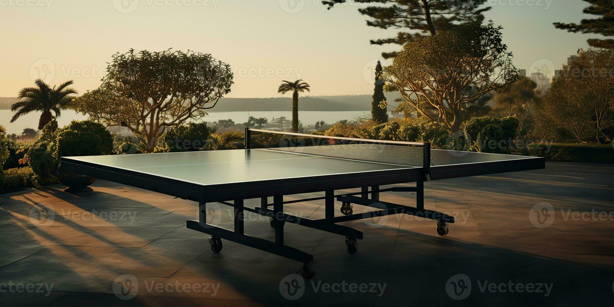 AI Generated. AI Generative. Outdoor nature table tennis ping pong game sport at sunet. Graphic Art photo