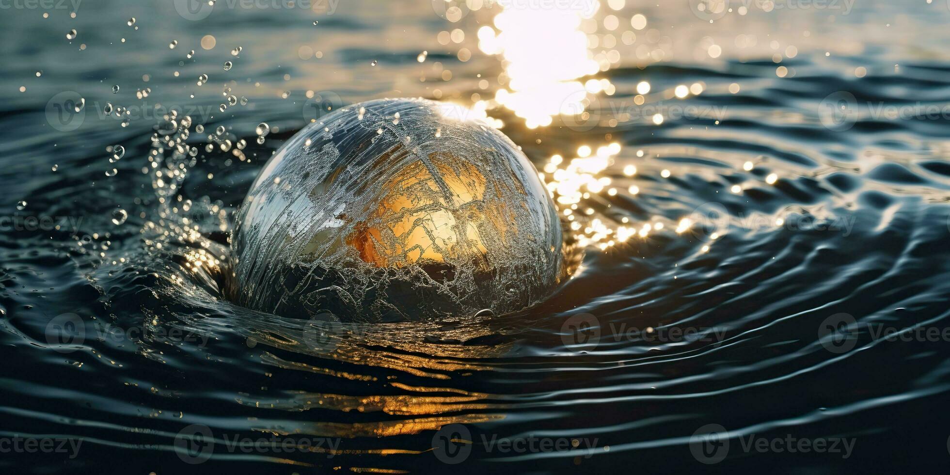 AI Generated. AI Generative. Glass ball fall into the water with many splash around. Graphic decoration background. Graphic Art photo