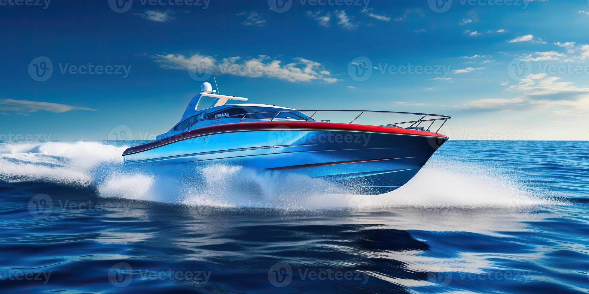 AI Generated. AI Generative. Fast speed boat ship yacht in the open sea ocean cruise vacation. Graphic Art photo