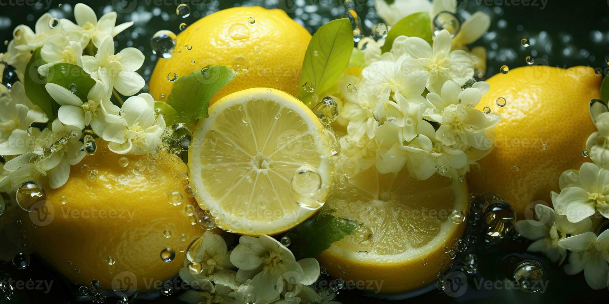 AI Generated. AI Generative. Nature outdoor flowers with lemon citrus and water. Healthy decoration background. Graphic Art photo