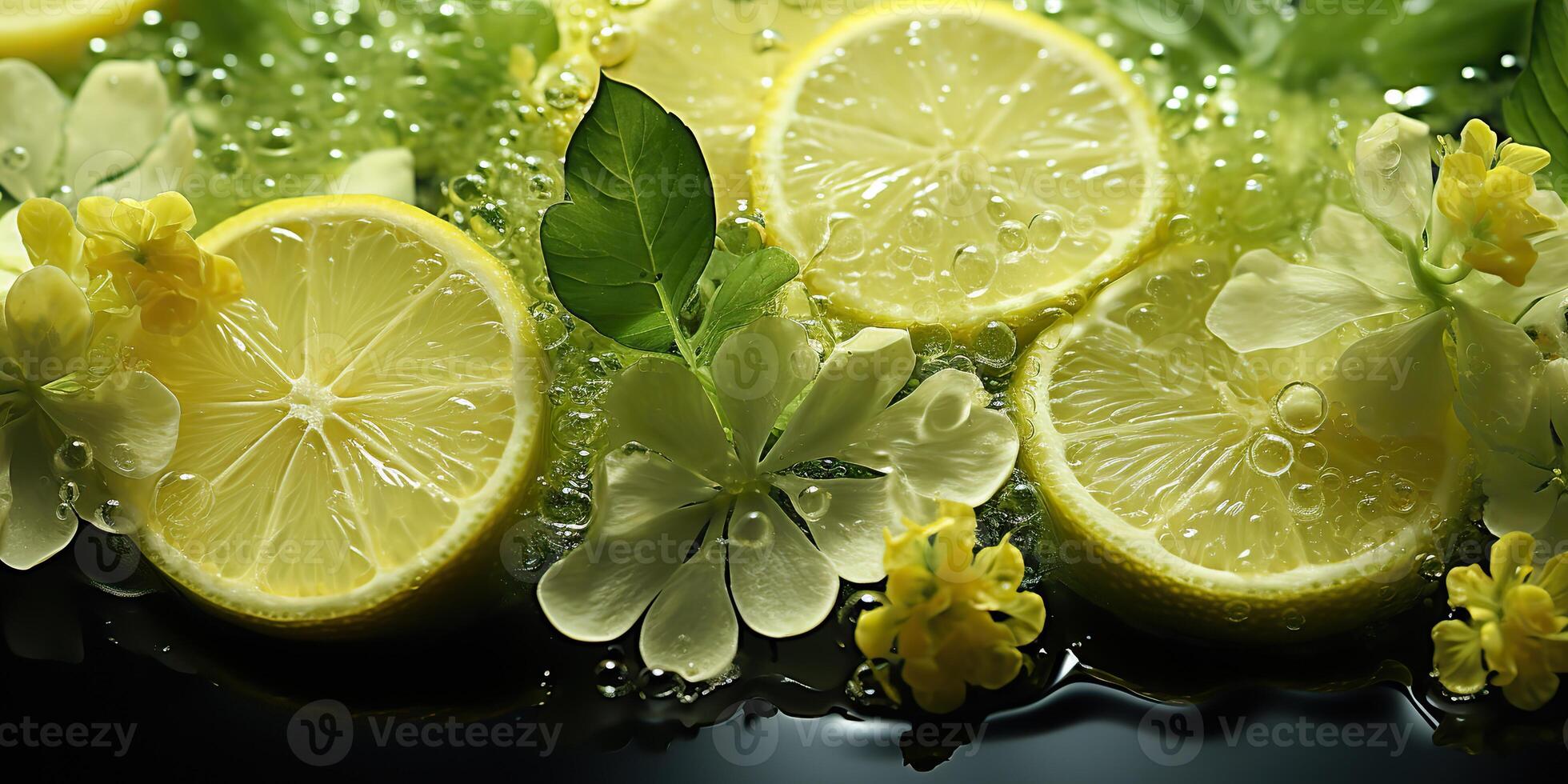 AI Generated. AI Generative. Nature outdoor flowers with lemon citrus and water. Healthy decoration background. Graphic Art photo