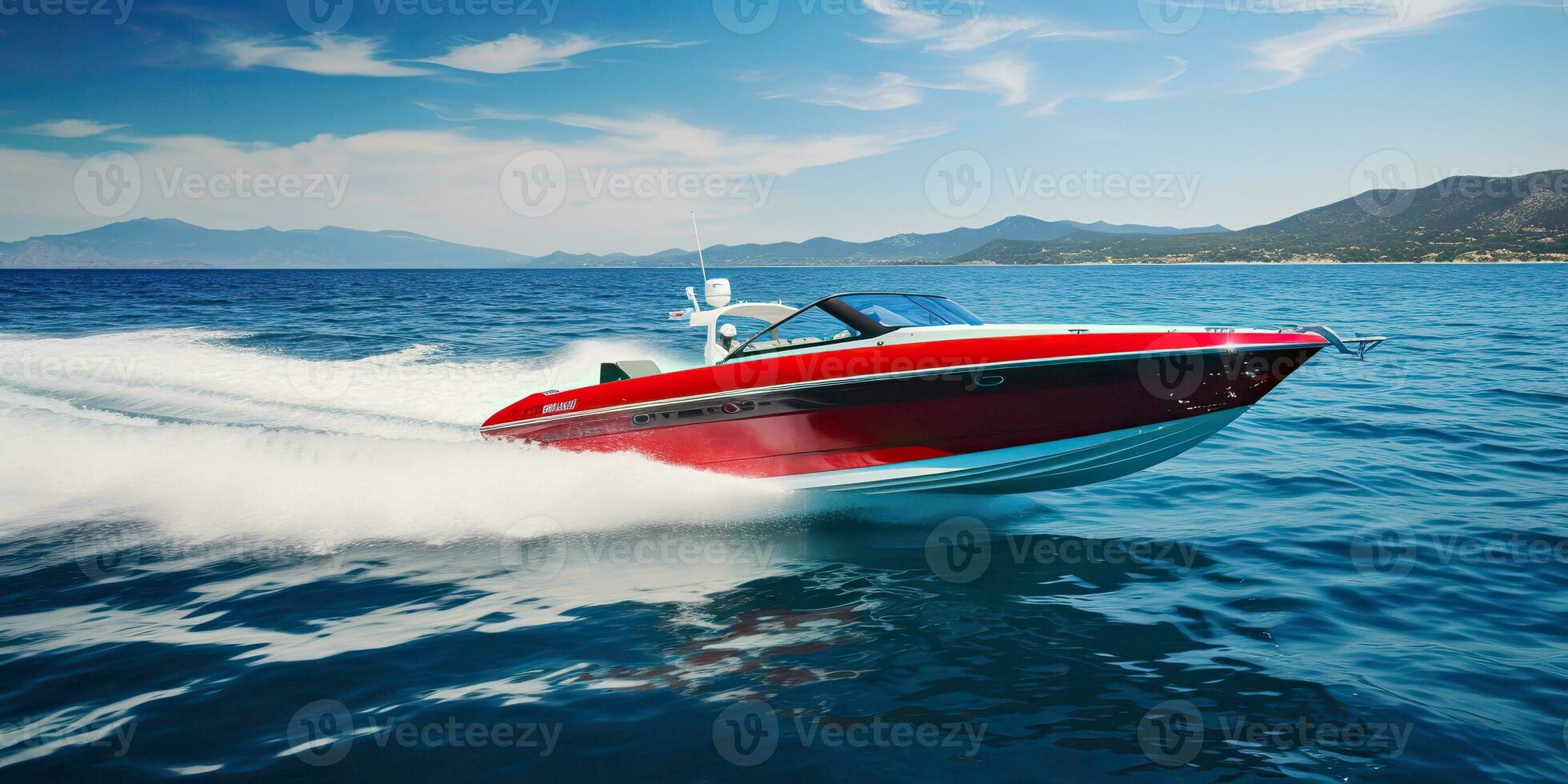 AI Generated. AI Generative. Fast speed boat ship yacht in the open sea ocean cruise vacation. Graphic Art photo