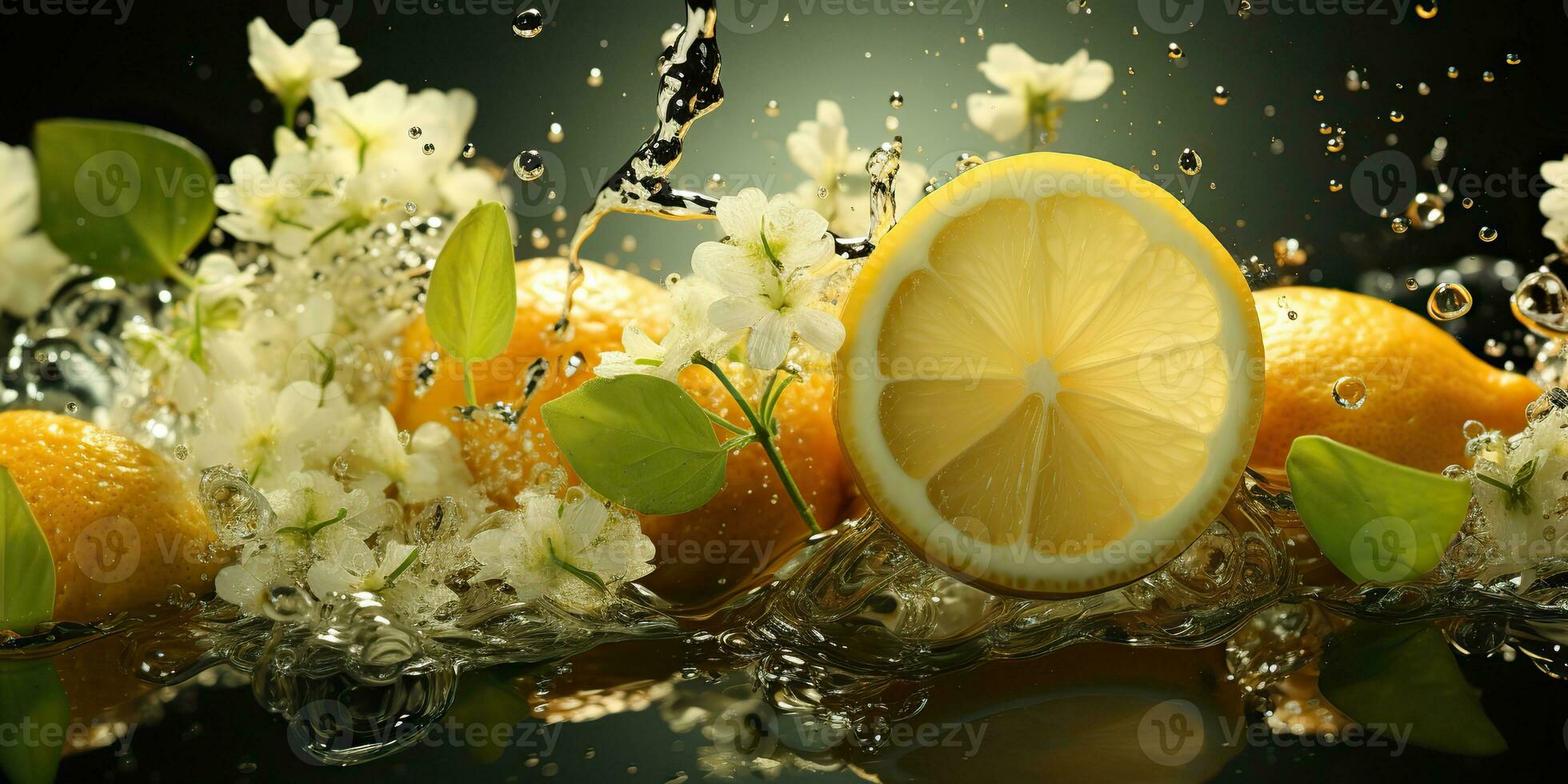 AI Generated. AI Generative. Nature outdoor flowers with lemon citrus and water. Healthy decoration background. Graphic Art photo