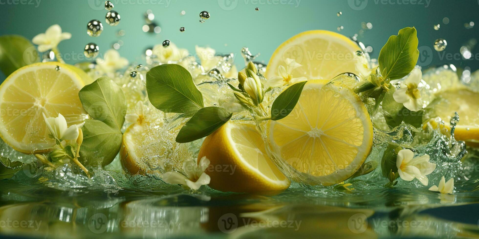 AI Generated. AI Generative. Nature outdoor flowers with lemon citrus and water. Healthy decoration background. Graphic Art photo