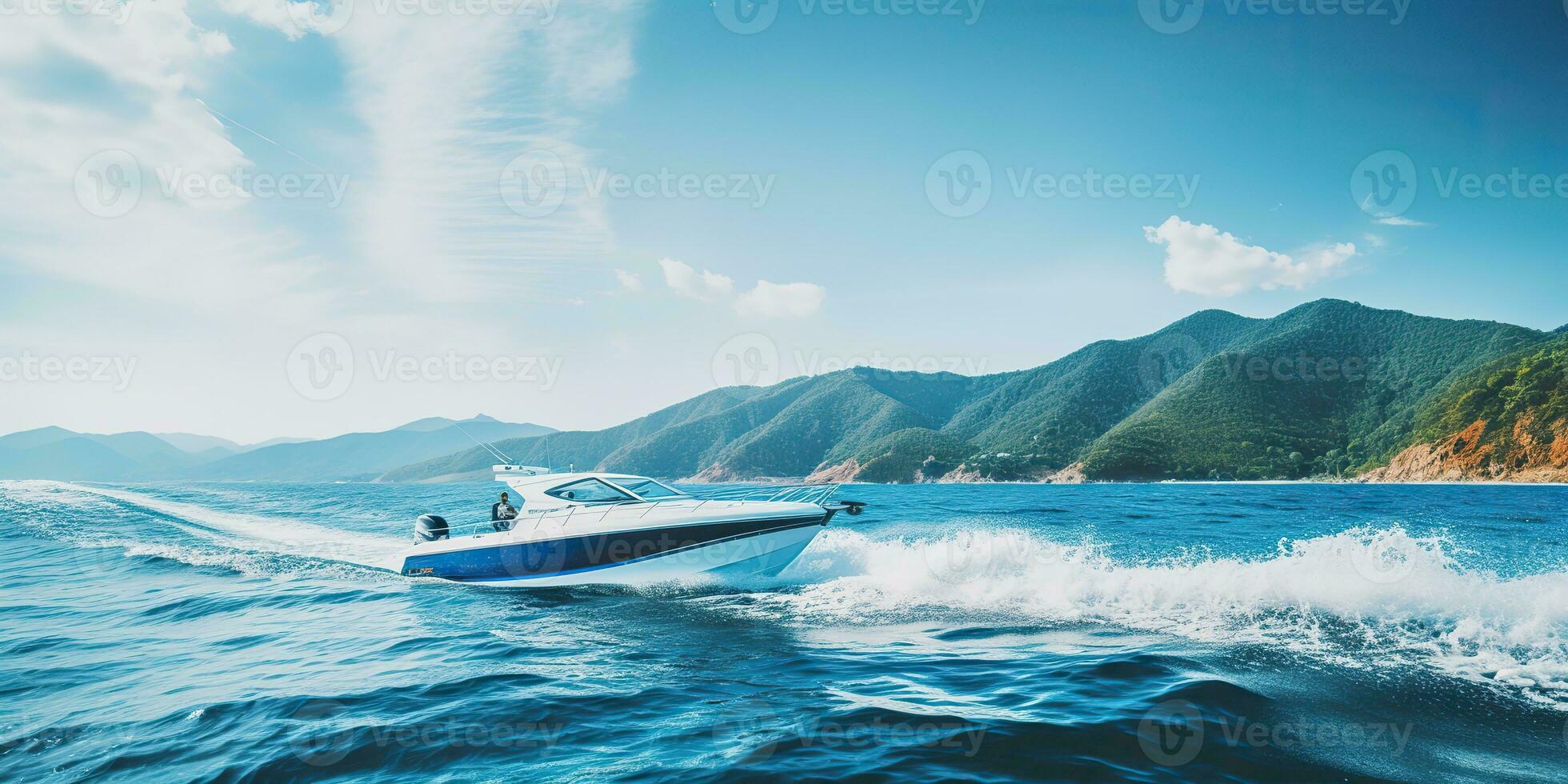 AI Generated. AI Generative. Fast speed boat ship yacht in the open sea ocean cruise vacation. Graphic Art photo