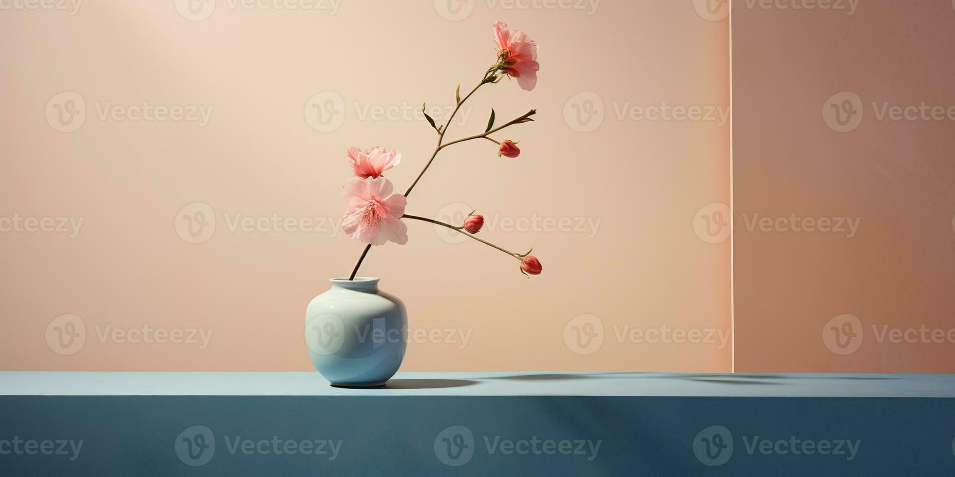 AI Generated. AI Generative. Decorative home decor with flowers vase close to the wall. Beautiful blossom interior home background mockup in minimal style. Graphic Art photo