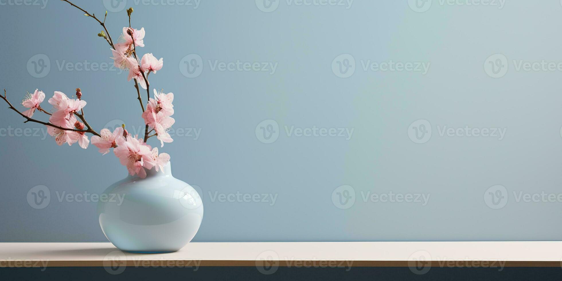 AI Generated. AI Generative. Decorative home decor with flowers vase close to the wall. Beautiful blossom interior home background mockup in minimal style. Graphic Art photo