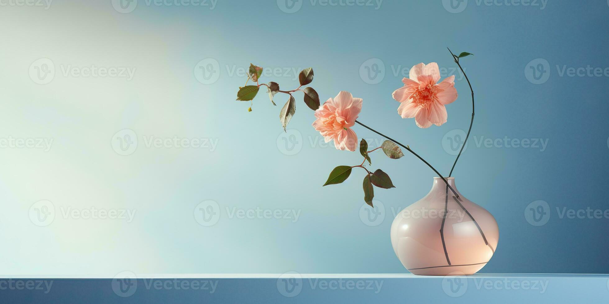 AI Generated. AI Generative. Decorative home decor with flowers vase close to the wall. Beautiful blossom interior home background mockup in minimal style. Graphic Art photo