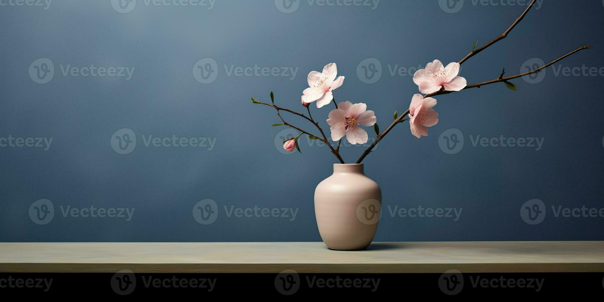AI Generated. AI Generative. Decorative home decor with flowers vase close to the wall. Beautiful blossom interior home background mockup in minimal style. Graphic Art photo