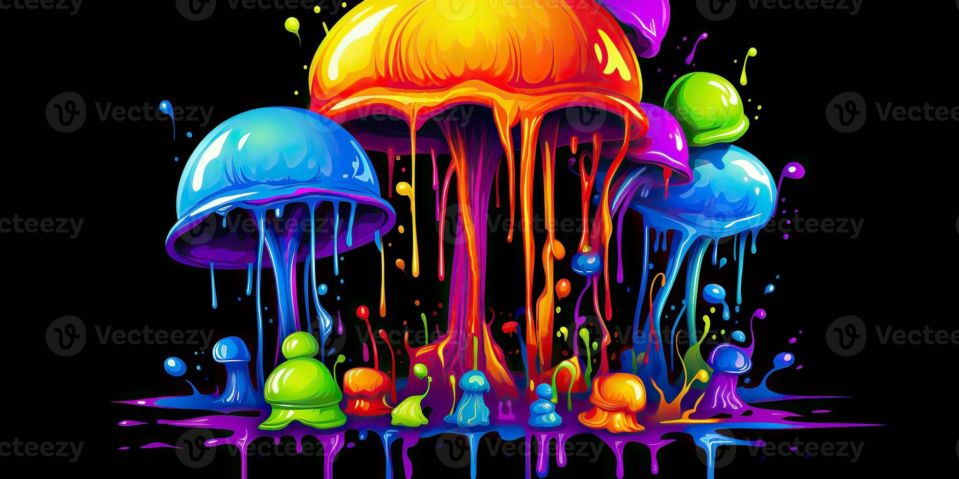 AI Generated. AI Generative. Neon light bright draw paint ink art mushroom in psychedelic style.  Graphic Art photo