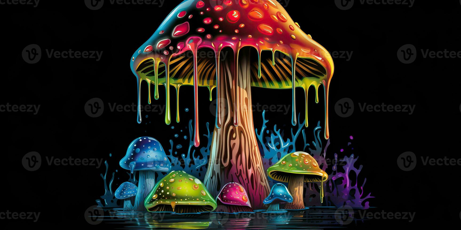 AI Generated. AI Generative. Neon light bright draw paint ink art mushroom in psychedelic style.  Graphic Art photo