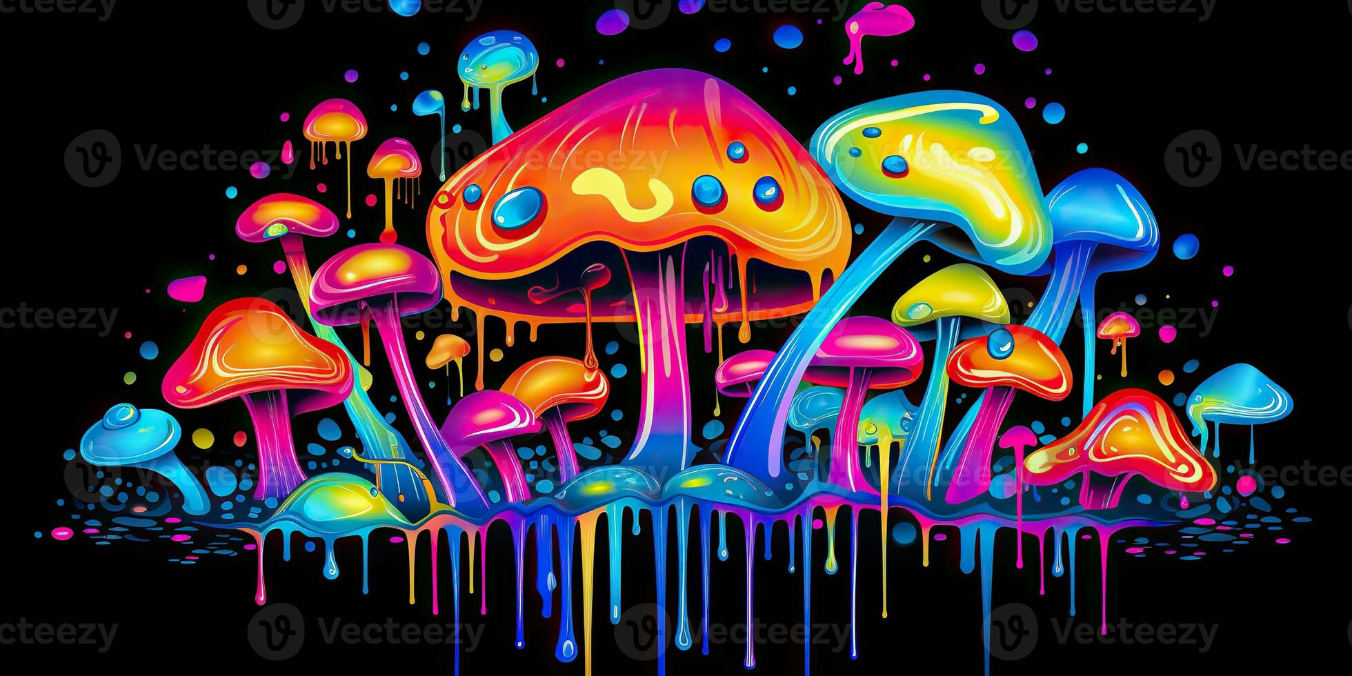 AI Generated. AI Generative. Neon light bright draw paint ink art mushroom in psychedelic style.  Graphic Art photo