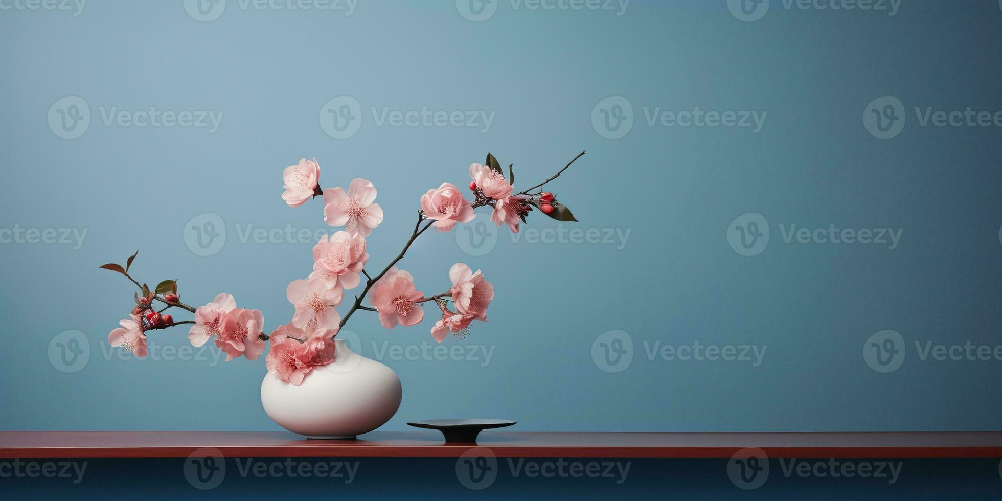 AI Generated. AI Generative. Decorative home decor with flowers vase close to the wall. Beautiful blossom interior home background mockup in minimal style. Graphic Art photo