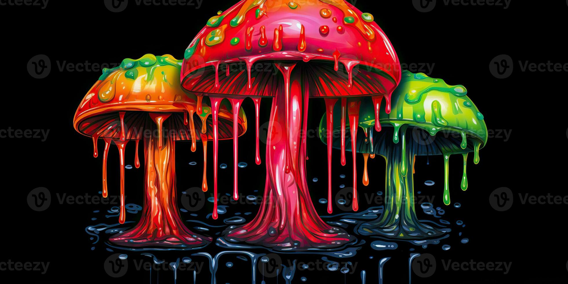 AI Generated. AI Generative. Neon light bright draw paint ink art mushroom in psychedelic style.  Graphic Art photo