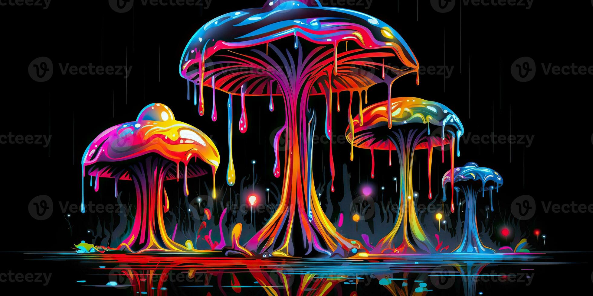 AI Generated. AI Generative. Neon light bright draw paint ink art mushroom in psychedelic style.  Graphic Art photo