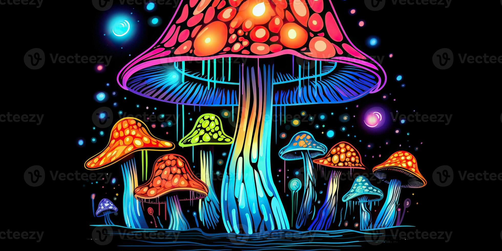 AI Generated. AI Generative. Neon light bright draw paint ink art mushroom in psychedelic style.  Graphic Art photo