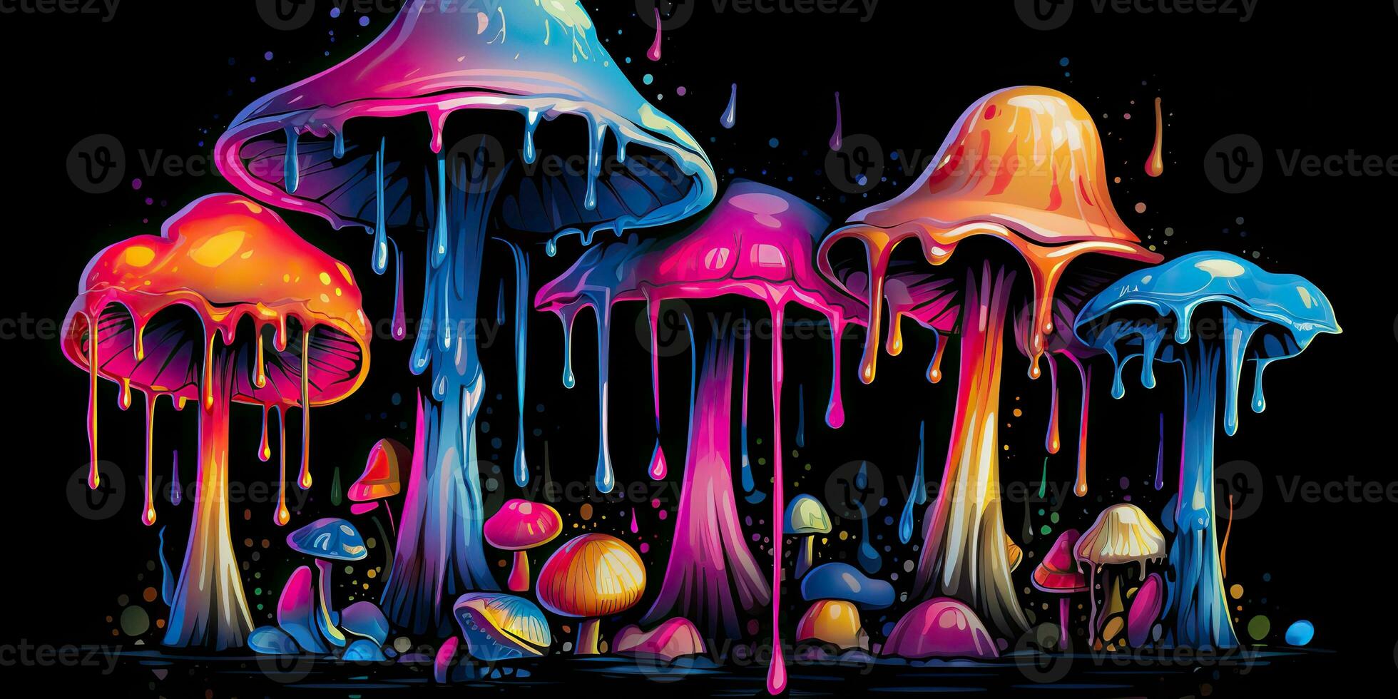 AI Generated. AI Generative. Neon light bright draw paint ink art mushroom in psychedelic style.  Graphic Art photo