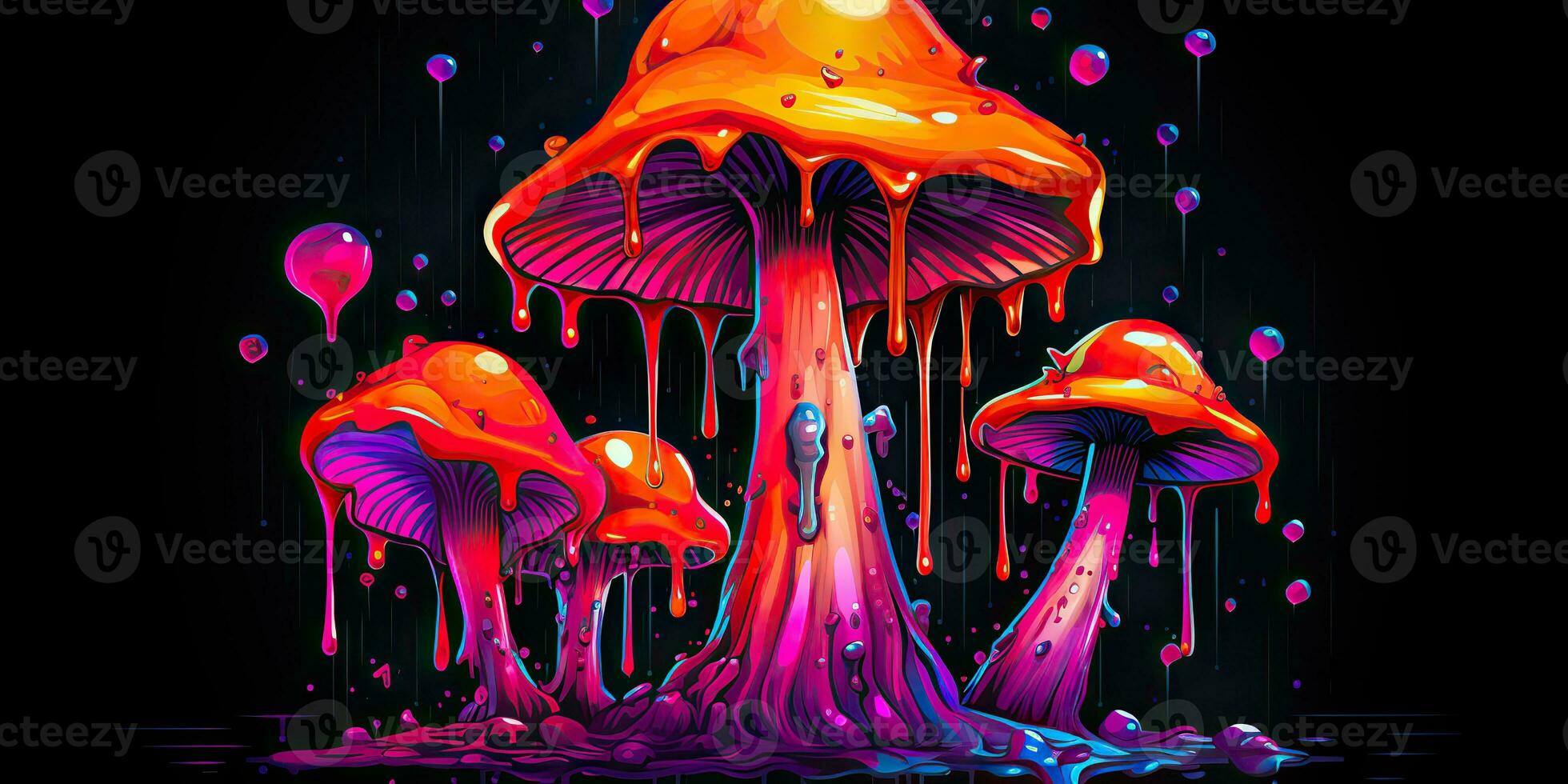 AI Generated. AI Generative. Neon light bright draw paint ink art mushroom in psychedelic style.  Graphic Art photo