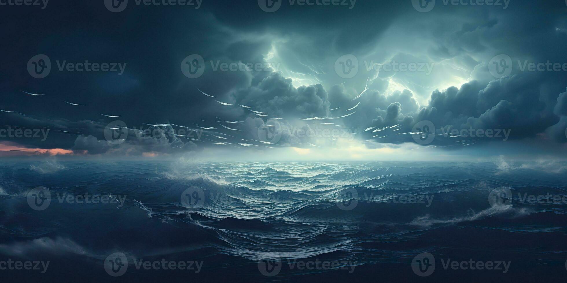 AI Generated. AI Generative. Outdoor nature navy nautical marine landscape with waves water sea ocean and sky clouds. Decoration background. Graphic Art photo