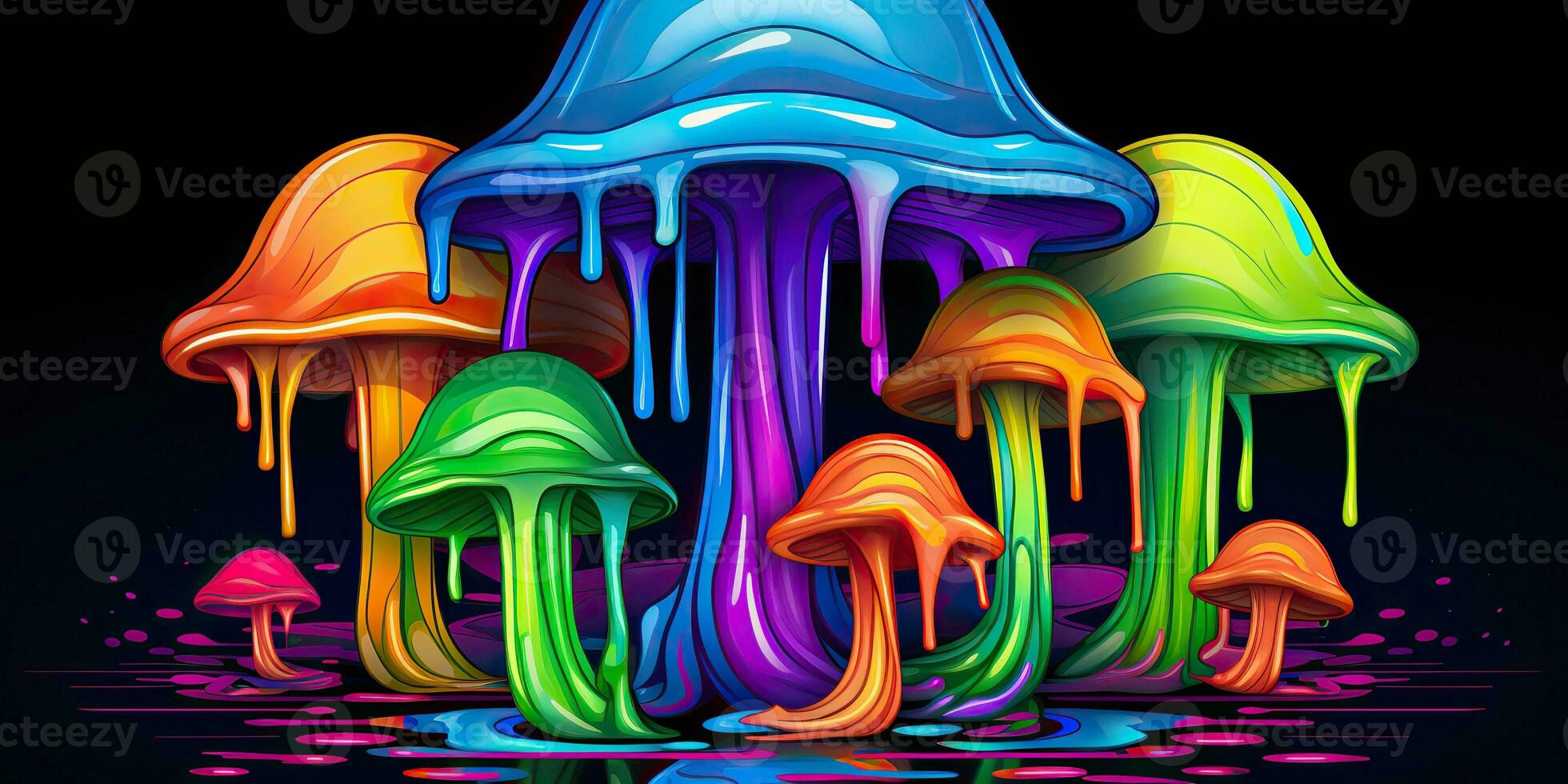 AI Generated. AI Generative. Neon light bright draw paint ink art mushroom in psychedelic style.  Graphic Art photo