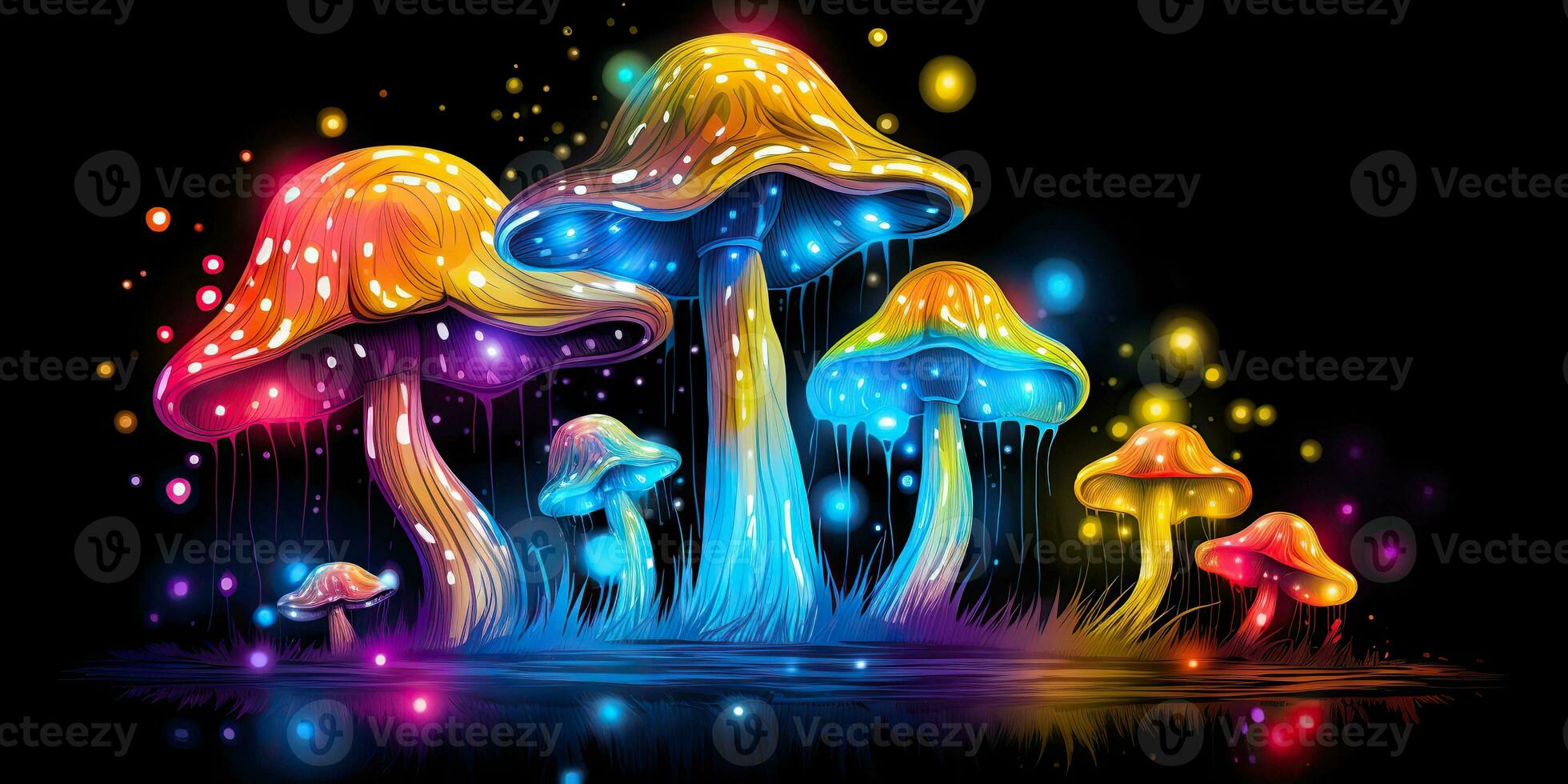 AI Generated. AI Generative. Neon light bright draw paint ink art mushroom in psychedelic style.  Graphic Art photo