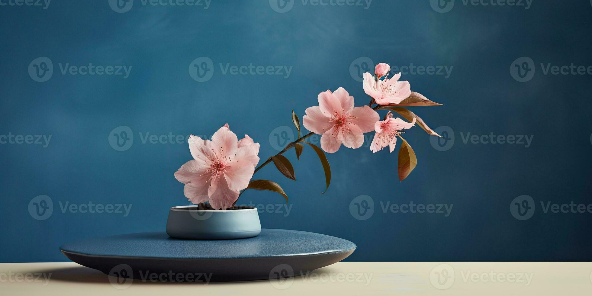 AI Generated. AI Generative. Decorative home decor with flowers vase close to the wall. Beautiful blossom interior home background mockup in minimal style. Graphic Art photo