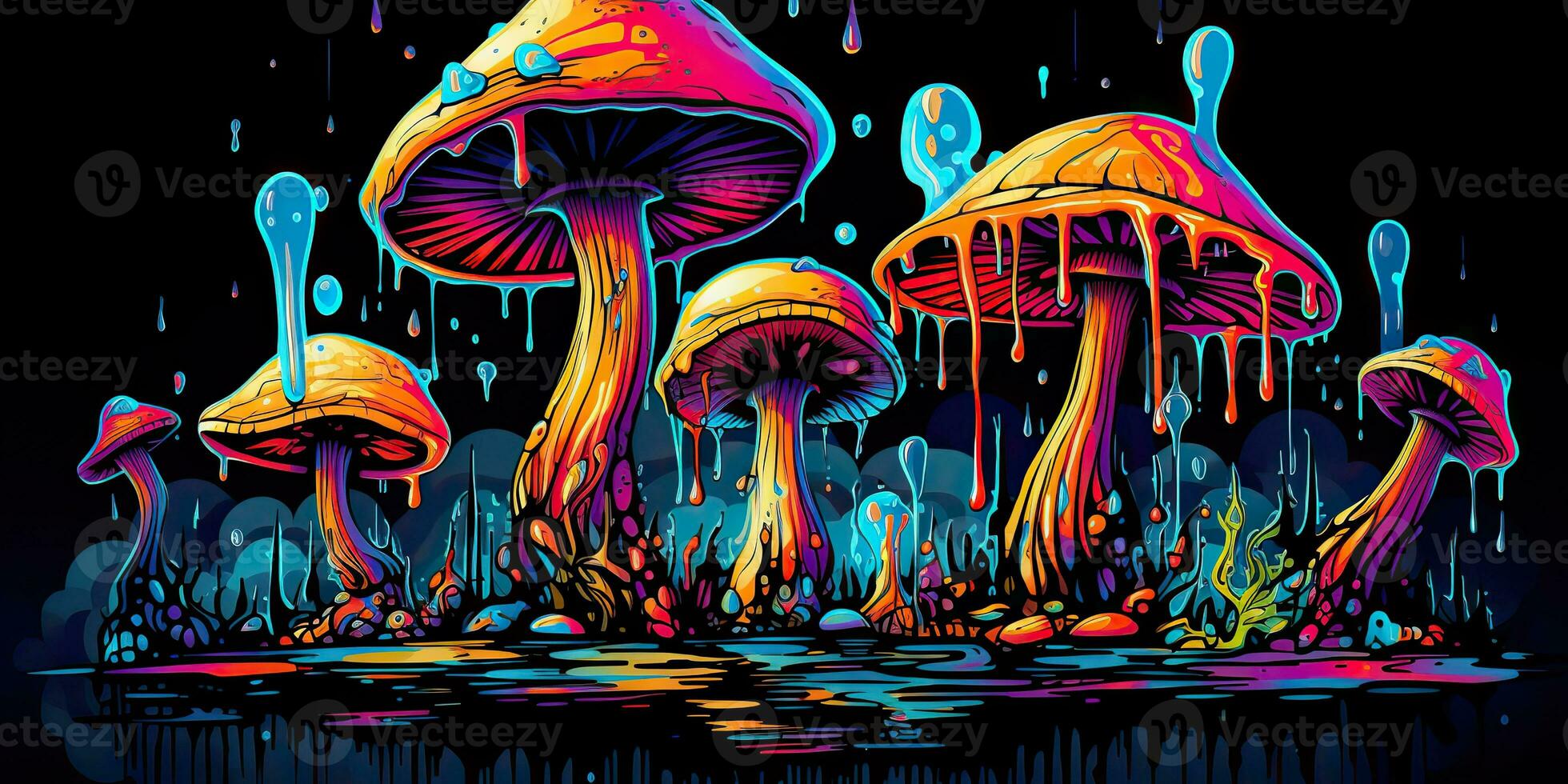 AI Generated. AI Generative. Neon light bright draw paint ink art mushroom in psychedelic style.  Graphic Art photo