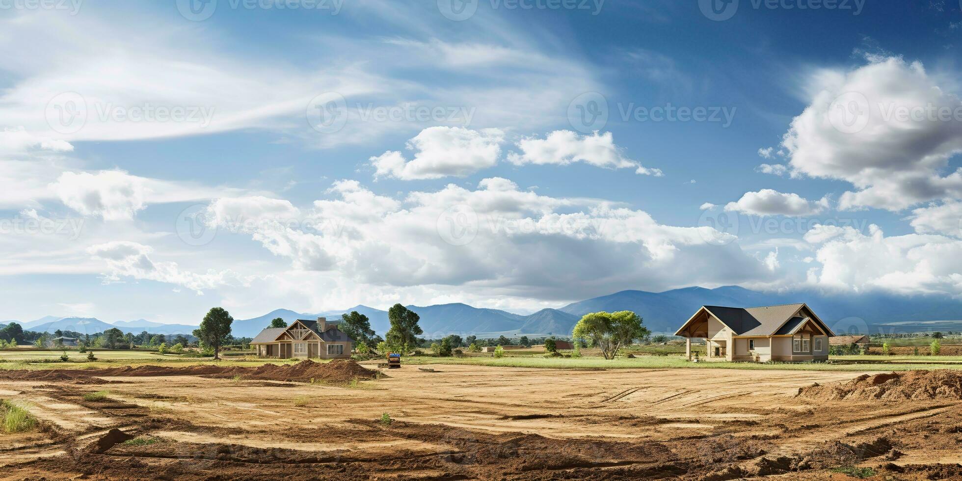 AI Generated. AI Generative. Outdoor nature house wood modern construction on field meadow landscape background. Graphic Art photo