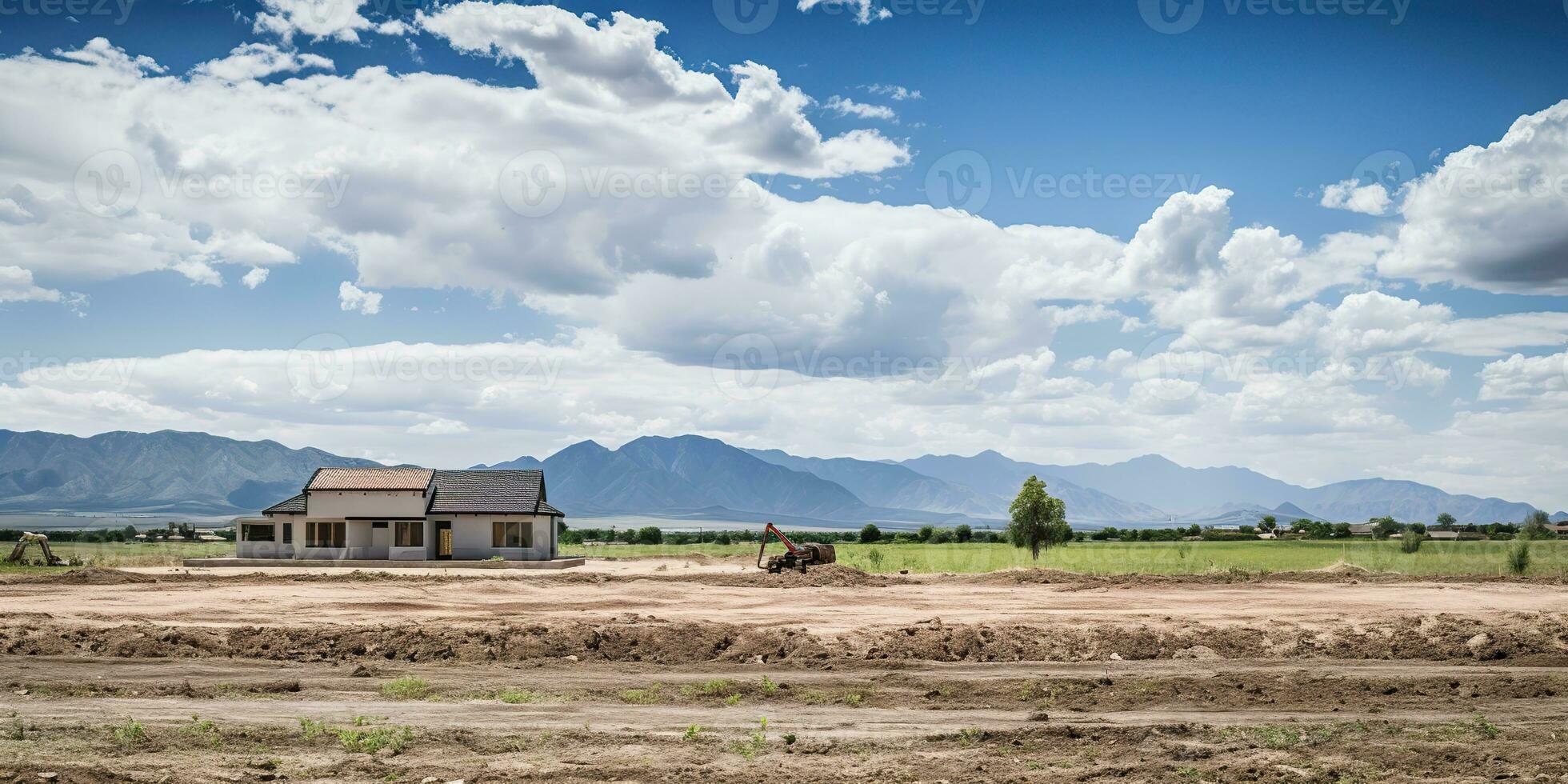 AI Generated. AI Generative. Outdoor nature house wood modern construction on field meadow landscape background. Graphic Art photo